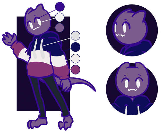 A reference sheet for the artist's character, a purple monster wearing a hoodie. It features a full body image with a color pallet and two head shots from different angles