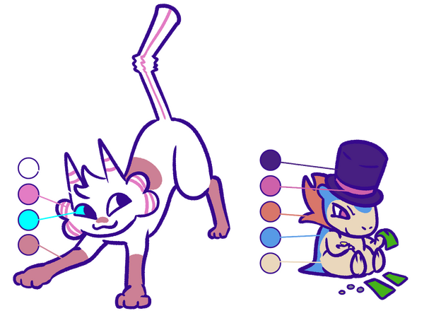 A reference sheet of the artists characters, a cat with a straw for a tail and a bootleg plushie wearing a top hat. the art features full bodies for both with a color palette each