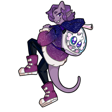 A reference sheet of the artists characters, a cat with a straw for a tail and a bootleg plushie wearing a top hat. the art features full bodies for both with a color palette each